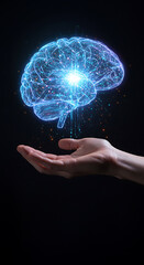 A glowing digital brain composed of neural network lines and data nodes, floating above a person’s hand, symbolizing artificial intelligence. Futuristic light effects on dark background.