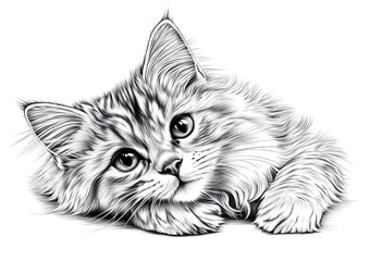 Obraz premium Realistic Black and White Illustration of a Relaxed Cat with Captivating Eyes and Soft Fur