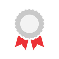 simple award medal icon. flat silver badge with red ribbon isolated on white background