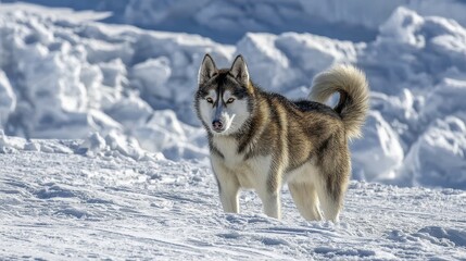 A proud Arctic Siberian Husky standing amidst snowy terrain, tail curled - Proud Snowy Tail