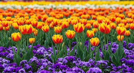 Vibrant tulip and violet garden showcases captivating spring floral colors