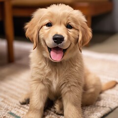 A happy golden retriever puppy is posing playfully at home, sitting on the floor of a modern living room, smiling broadly and sticking out his tongue.