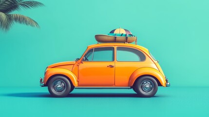 Whimsical orange vintage car adorned with summer vacation decor on a bright turquoise backdrop