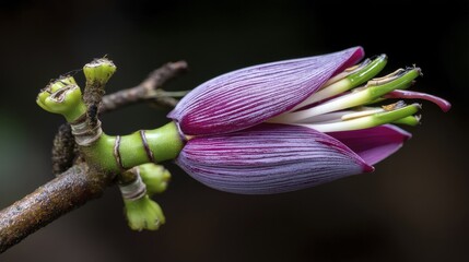 Close-up of banana blossom still attached to the fruit bunch - purple macro healthy culinary