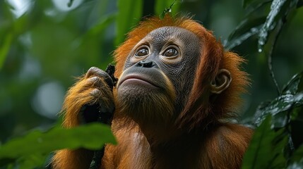 Fototapeta premium Bornean Orangutan: A Portrait of Innocence in the Rainforest
