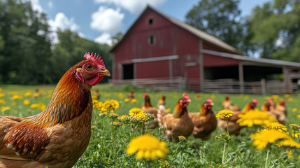 Fototapeta premium Rustic Farm Scene: A Hen in a Field of Yellow Flowers with a Red Barn in the Background