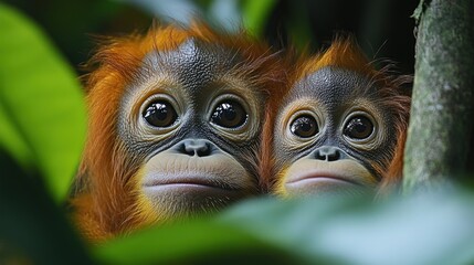 Obraz premium Adorable Bornean Orangutans: A Glimpse into the Rainforest