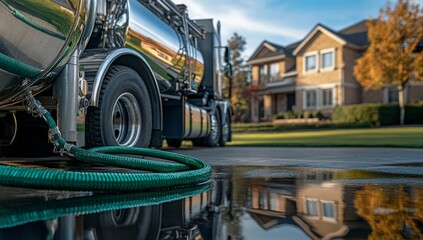 Obraz premium Wastewater truck parked near residential homes, hose connected to a puddle