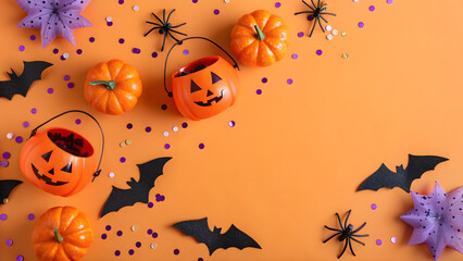 Halloween Flat Lay with Pumpkins, Jack-o'-Lantern Buckets, and Bats on isolated orange background with copyspace.