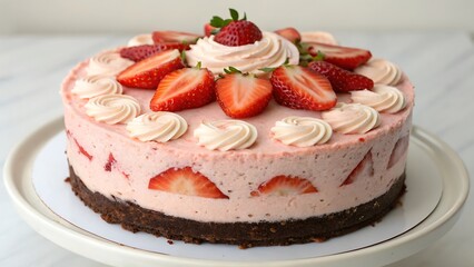 Delicious chocolate strawberry cake slice with white cream