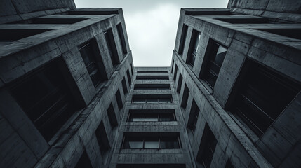 Fototapeta premium Low angle view of dark modern concrete buildings forming a geometric pattern against a cloudy sky.