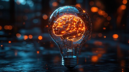 Illuminated Brain Lightbulb; Abstract Creativity Concept; Dark Background;  Possible Use for Inspiration Stock