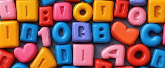 Colorful mix of plastic shapes. Letters, numbers, and heart shapes fill the background