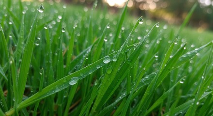 Fototapeta premium Fresh green grass blades glistening with morning dew drops closeup