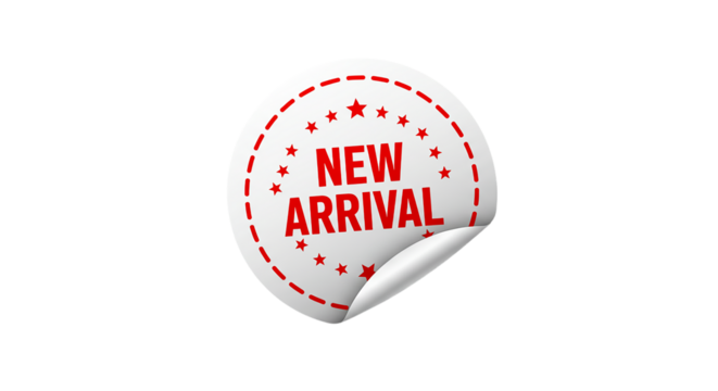 A white sticker with red stars and a red dashed line around it that says new arrival in red letters