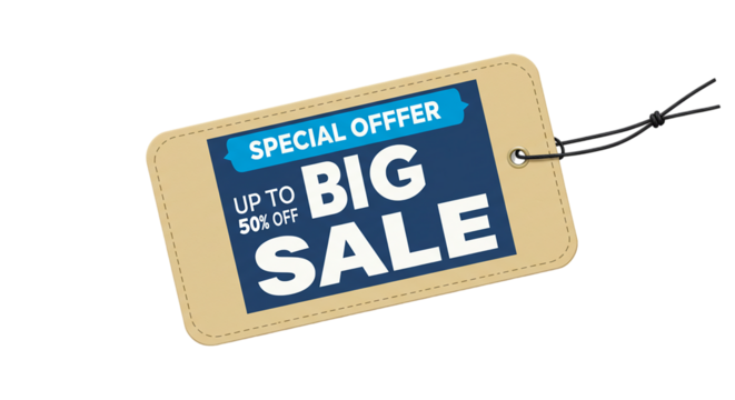 A tag with special offer big sale up to fifty percent off on a beige tag with a black string attached