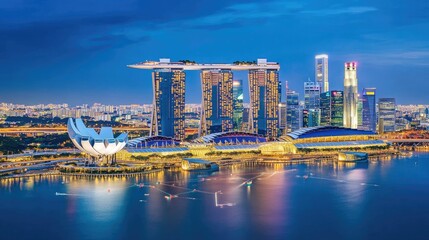 Obraz premium A panoramic view of Singapore's illuminated skyline at twilight.