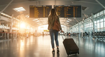 Photorealistic image of a traveler walking through an airport terminal with a rolling suitcase, sunlight shining through large windows, departure board in the background