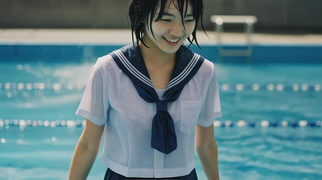 プールの中で、びしょ濡れのセーラー服を着た女子高生が、はにかんで笑う