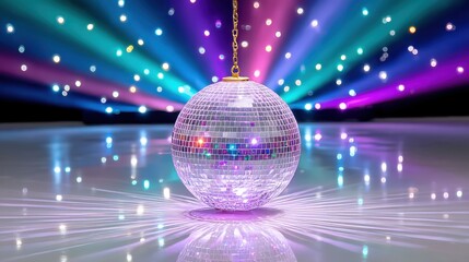 Obraz premium A sparkling disco ball reflects colorful light beams in a vibrant dance atmosphere, creating a lively and festive ambiance.