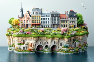 Obraz premium Quaint town atop rock cliff, vibrant flowers, blue water, & a distant bird soaring in the sky