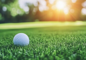 Obraz premium A close-up view of a golf ball resting on lush green grass in a serene park. with blurred trees and sunlight creating a tranquil outdoor atmosphere