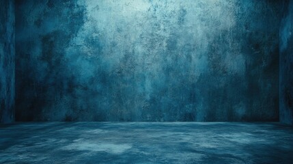 A textured blue wall with varying shades and patterns. creating a rustic backdrop suitable for artistic photography or interior design projects. featuring a clean floor