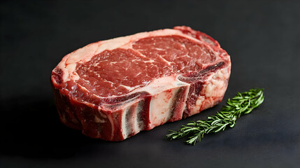 Raw Rib Eye Steak With Rosemary On Dark Background