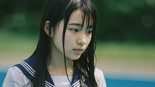 プールでずぶ濡れのまま、固まる夏服のセーラー服を着た女子高生