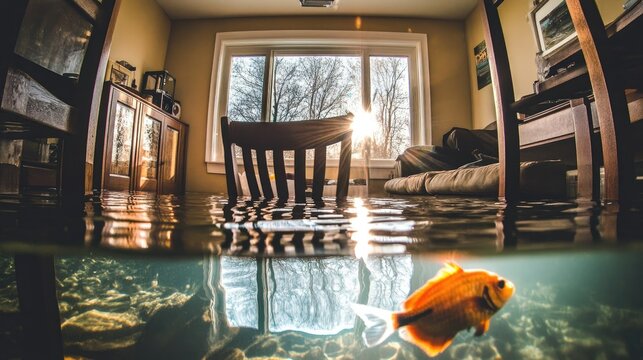 Flood Damage in a Living Room: Underwater Furniture and a Goldfish