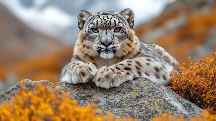 Majestic Snow Leopard Resting on a Rock in the Himalayas