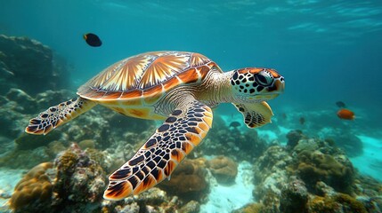 Obraz premium Majestic Sea Turtle Gracefully Navigating Coral Reef
