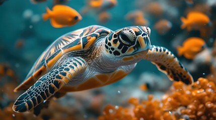 Obraz premium Majestic Sea Turtle Gracefully Swimming Amidst Vibrant Coral Reef and Colorful Fish