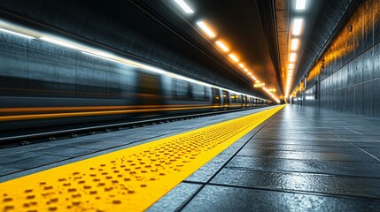 Subway station platform with yellow safety line and blurred motion.