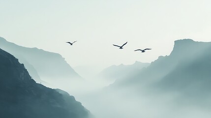 Misty Mountain Majesty: Birds in Flight Over a Serene Landscape