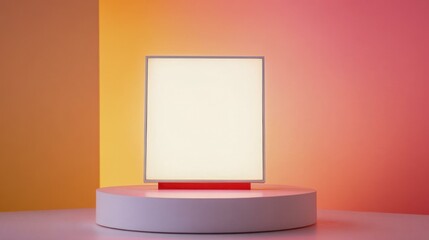 Illuminated Square Light Panel on White Round Platform in Gradient Studio Setting