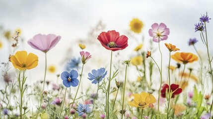 Fototapeta premium Colorful Poppy Cosmos Flowers Blooming in a Summer Meadow