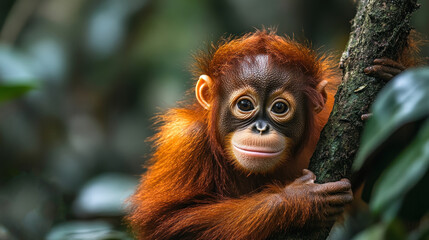 Fototapeta premium Adorable Orangutan Baby in Lush Rainforest