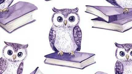 Obraz premium Watercolor Owl Reading Book Seamless Pattern, Cute Animal Illustration