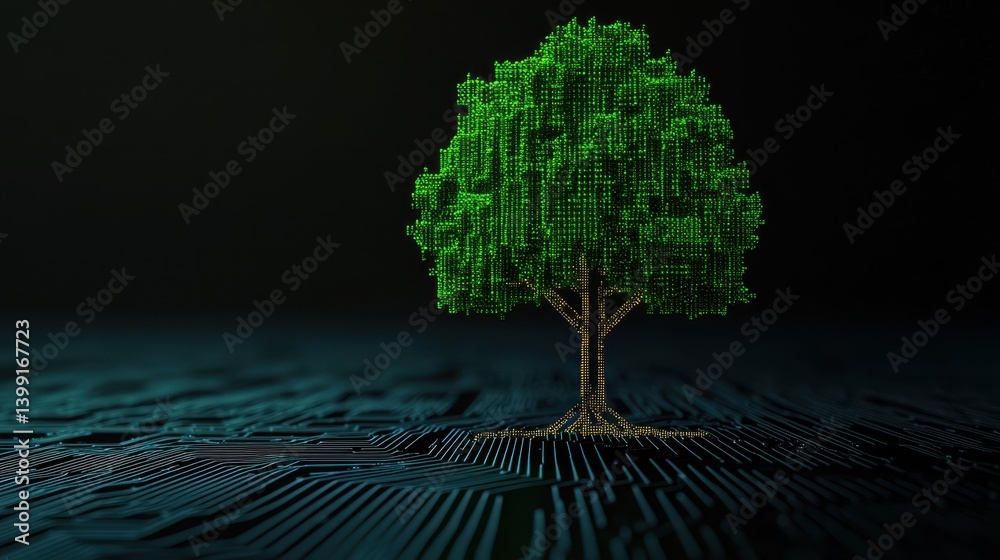 Poster abstract digital tree representing nature and technology with binary data for environmental conceptu