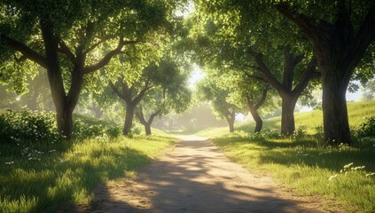 Obraz premium Sunny forest path. Lush green trees line a dirt path, bathed in sunlight. Soft shadows fall across the ground