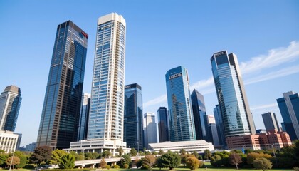 Obraz premium Modern skyscrapers showcasing urban development in houston texas architectural photography clear skies wide angle