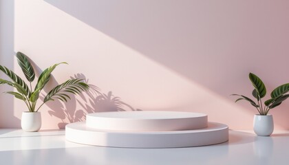Fototapeta premium Modern display platform with decorative plants minimalist studio photography bright interior daytime aesthetic design