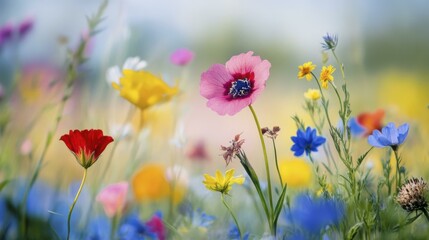 Obraz premium Pink Poppy Flower Blooming in Wildflower Meadow on Sunny Summer Day