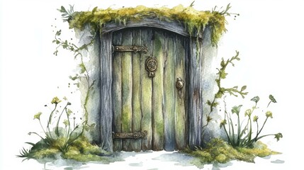 Whimsical Fairytale Door Mossy Stone Wall Secret Garden Watercolor Entrance