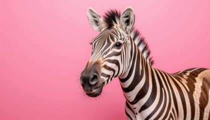 Fototapeta premium Playful zebra portrait studio setting animal photography pink background close-up creative expression