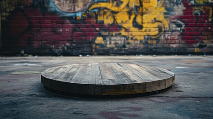 Weathered round wood stage platform standing on concrete in urban alleyway with blurred graffiti brick wall background