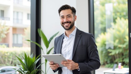 Fototapeta premium Professional man using tablet modern office portrait bright environment smiling business concept