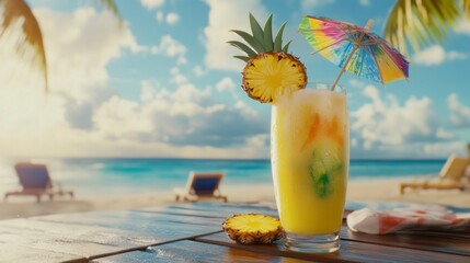 Exotic pineapple cocktail on a sunny tropical beach getaway, summer vacation