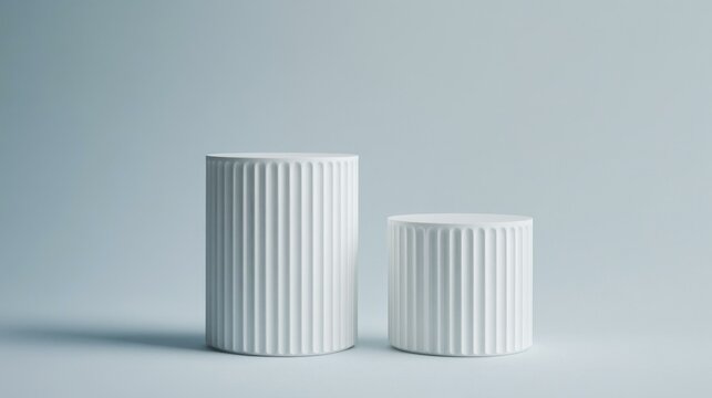 Minimalist White Grooved Cylindrical Pedestals on Light Blue Plain Background